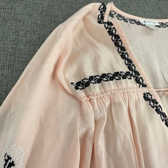 Venus Peachy Pink Top Embroidered Long Sleeve Boho Loose Fit Pleated Small - Picture 6 of 16